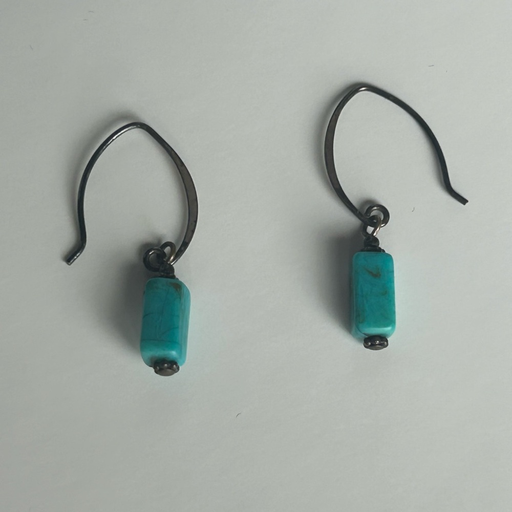 Turquoise Colored Square Bead and Silver Tone Hook Earrings